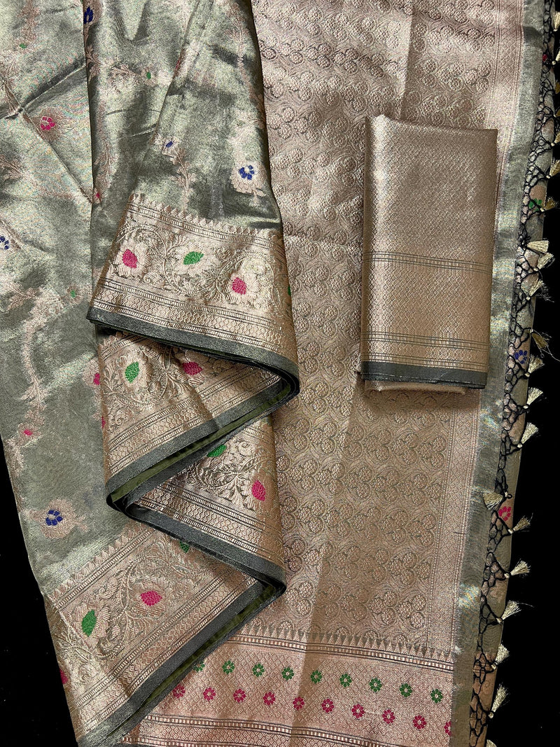 Statement Handmade English Grey Banarasi Organza Tissue Silk Saree with Meenakari