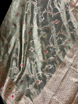 Statement Handmade English Grey Banarasi Organza Tissue Silk Saree with Meenakari