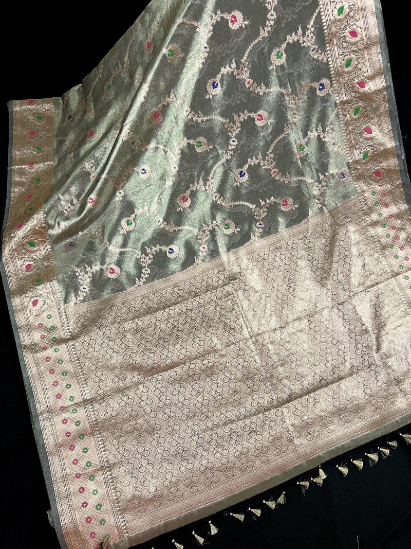 Statement Handmade English Grey Banarasi Organza Tissue Silk Saree with Meenakari