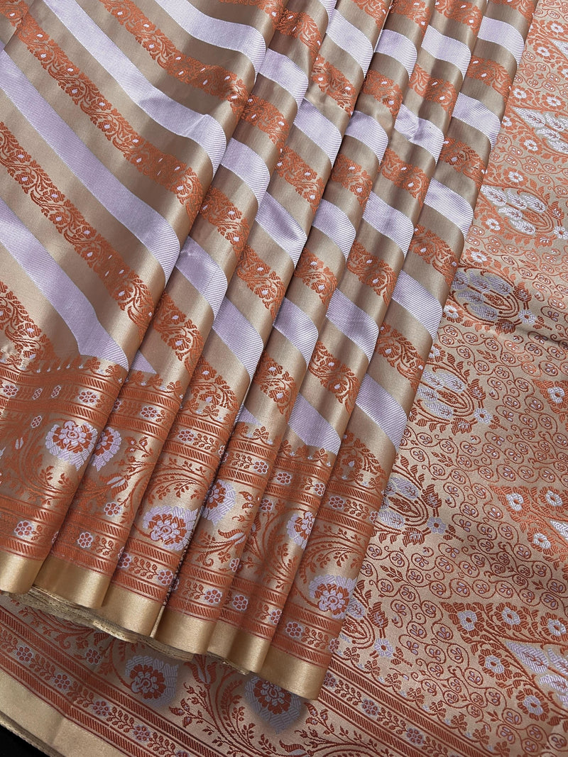 Muted Gold Color with Copper and Light Lavender -Mashru Silk Tanchoi Saree  with Jamawar Pallu