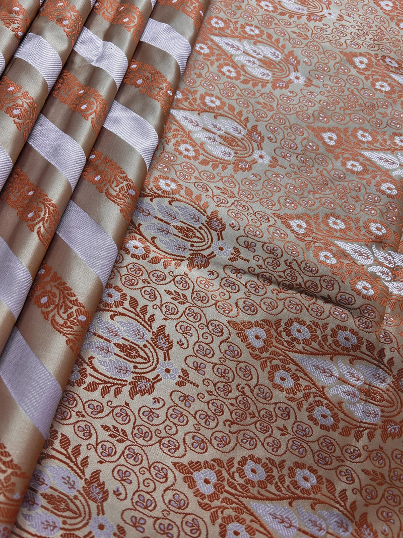 Muted Gold Color with Copper and Light Lavender -Mashru Silk Tanchoi Saree  with Jamawar Pallu