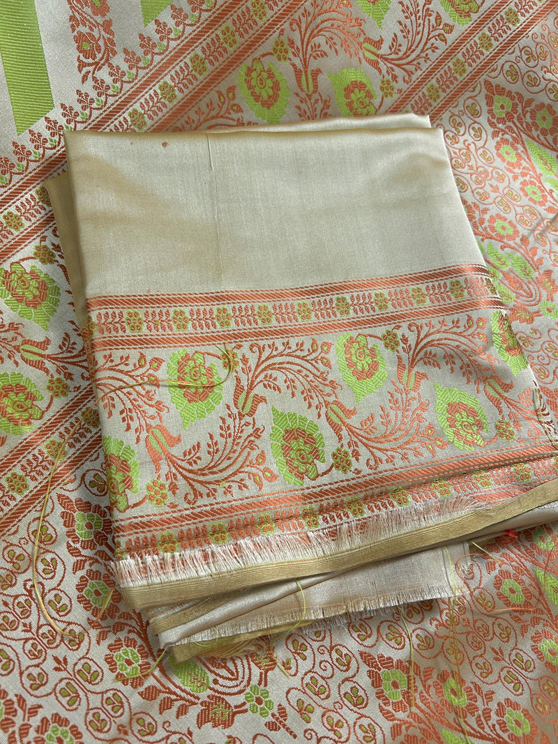 Beige Gold Color with Copper and Lime - Mashru Silk Tanchoi Saree with Jamawar Pallu