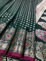 Pine Green Traditional Banarasi Handloom Saree in Soft Satin Silk with Meenakari and Sliver Zari Weave