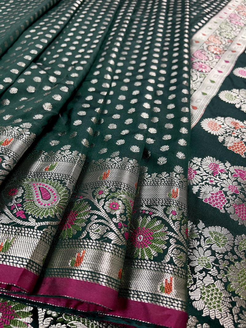 Pine Green Traditional Banarasi Handloom Saree in Soft Satin Silk with Meenakari and Sliver Zari Weave