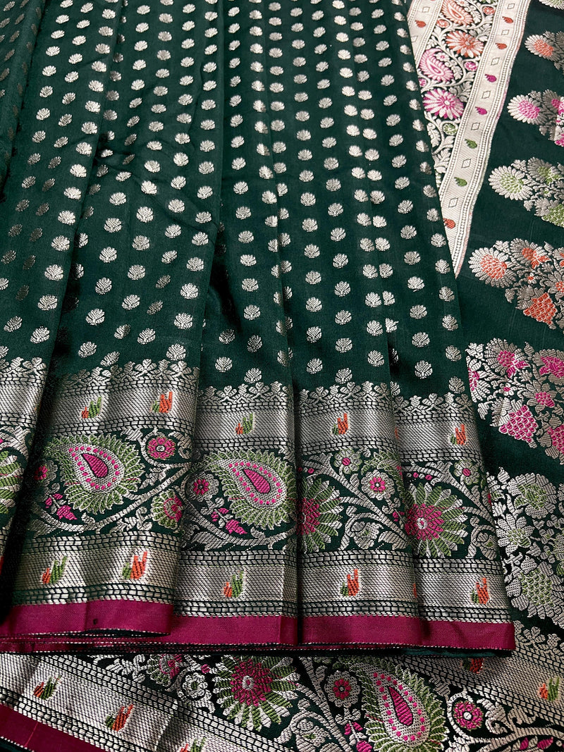 Pine Green Traditional Banarasi Handloom Saree in Soft Satin Silk with Meenakari and Sliver Zari Weave