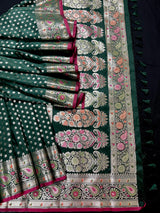 Pine Green Traditional Banarasi Handloom Saree in Soft Satin Silk with Meenakari and Sliver Zari Weave