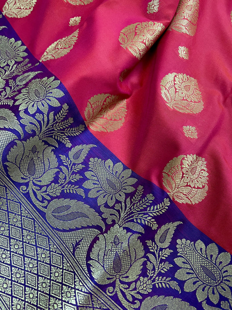 Peach Pink with Blue Traditional Banarasi Handloom Saree | Floral Design | Soft Silk Saree | Banarasi Silk Saree