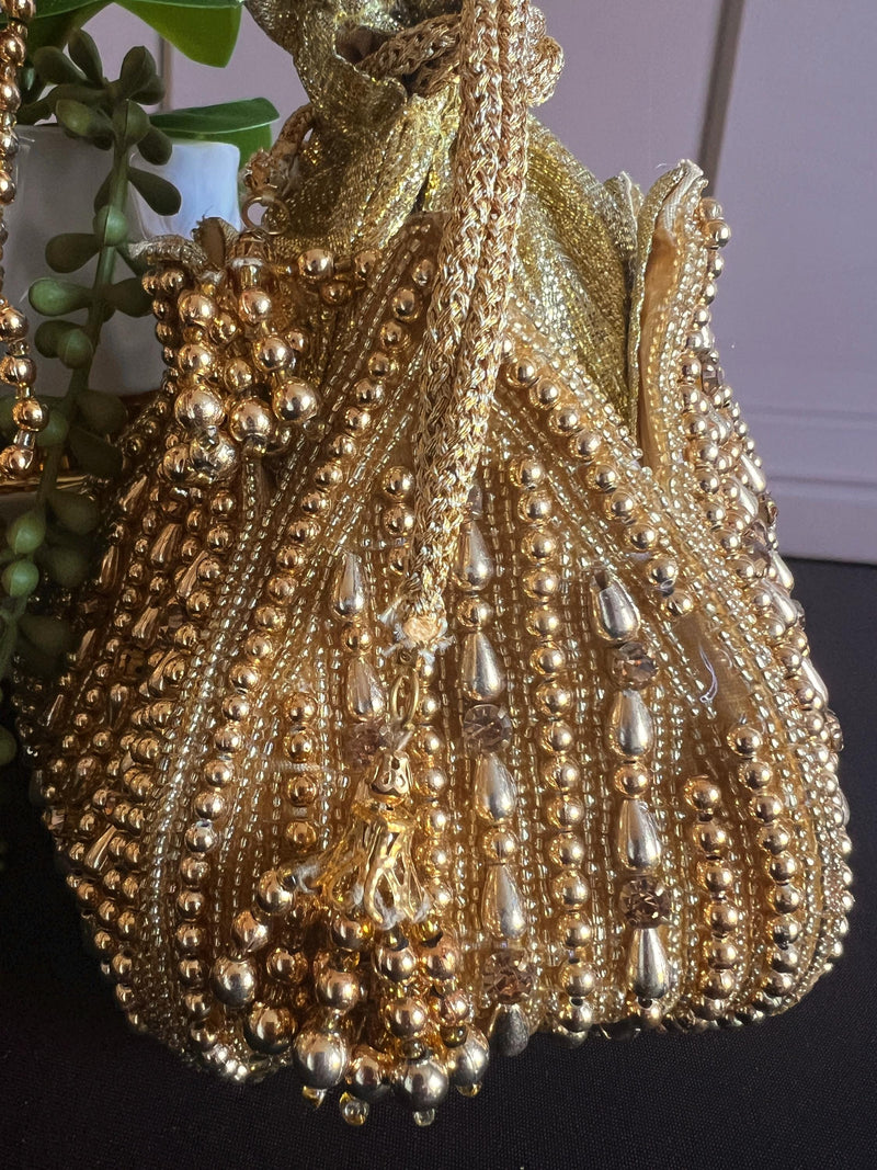 Gold Color Handmade Potli Bag | Gold Beaded | Party Clutch Sling | Wedding Purse in Gold | Bridal Bag, Handmade, Embellished Lotus Potli