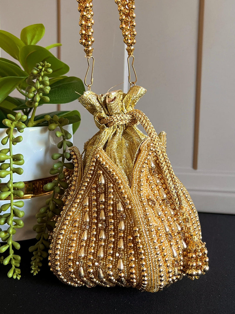 Gold Color Handmade Potli Bag | Gold Beaded | Party Clutch Sling | Wedding Purse in Gold | Bridal Bag, Handmade, Embellished Lotus Potli