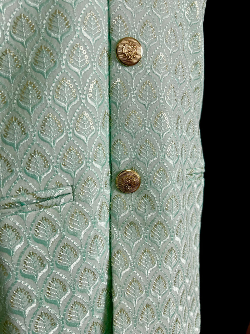 Sea Green Color Men Jacket with Sequin and Thread Work | High Quality Premium Soft Cotton Silk Men Jacket for Kurtas | Jacket for Kurtas