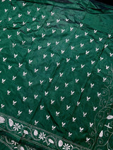 Bottle Green Color Bangalori Silk Saree with Hand Kantha Stitch - Handwoven Kantha Stitch Sarees - Kantha Saree