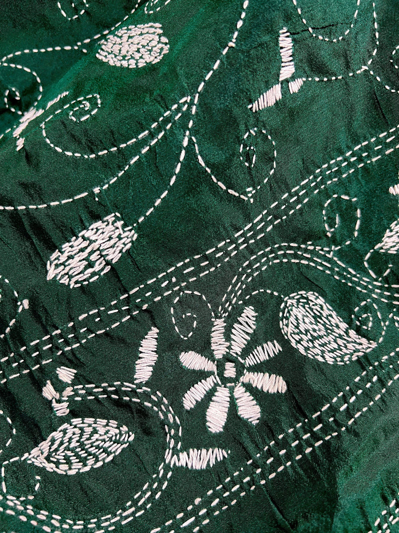 Bottle Green Color Bangalori Silk Saree with Hand Kantha Stitch - Handwoven Kantha Stitch Sarees - Kantha Saree