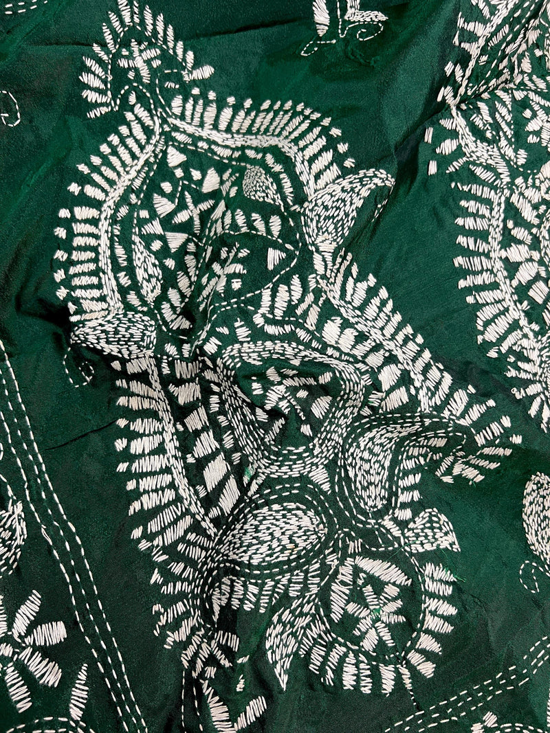 Bottle Green Color Bangalori Silk Saree with Hand Kantha Stitch - Handwoven Kantha Stitch Sarees - Kantha Saree