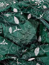 Bottle Green Color Bangalori Silk Saree with Hand Kantha Stitch - Handwoven Kantha Stitch Sarees - Kantha Saree