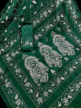 Bottle Green Color Bangalori Silk Saree with Hand Kantha Stitch - Handwoven Kantha Stitch Sarees - Kantha Saree