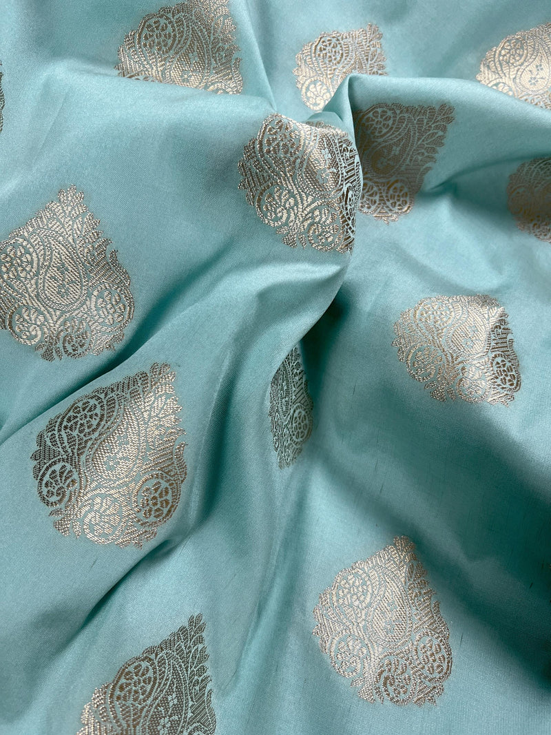 Statement Handmade Pastel Sea Blue Color Banarasi Semi Katan Silk Saree