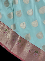 Statement Handmade Pastel Sea Blue Color Banarasi Semi Katan Silk Saree