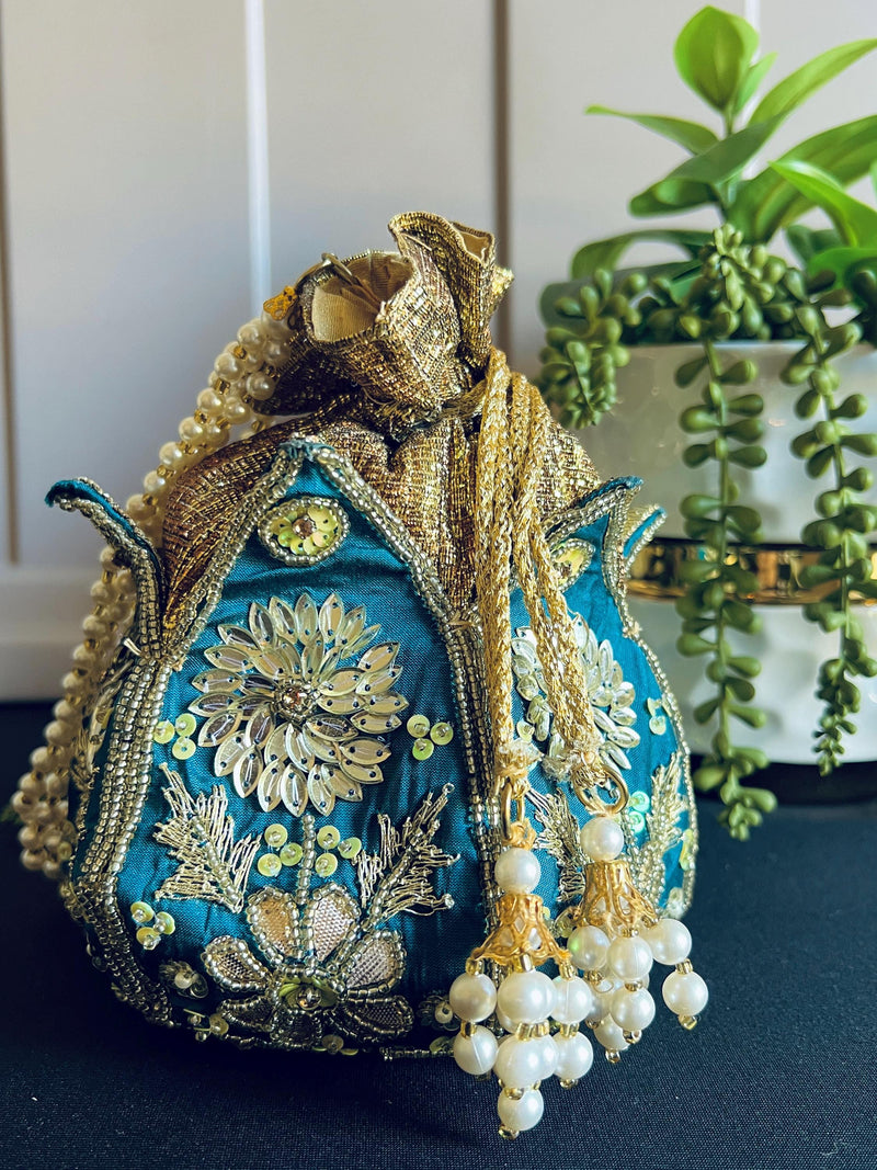 Teal Blue Color Wedding Potli Bag | Handmade Embellished Stone and Pearl |  Desi Indian Pakistani Wedding Purse | Evening Party Purse