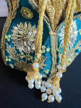 Teal Blue Color Wedding Potli Bag | Handmade Embellished Stone and Pearl |  Desi Indian Pakistani Wedding Purse | Evening Party Purse