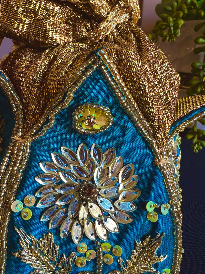 Teal Blue Color Wedding Potli Bag | Handmade Embellished Stone and Pearl |  Desi Indian Pakistani Wedding Purse | Evening Party Purse