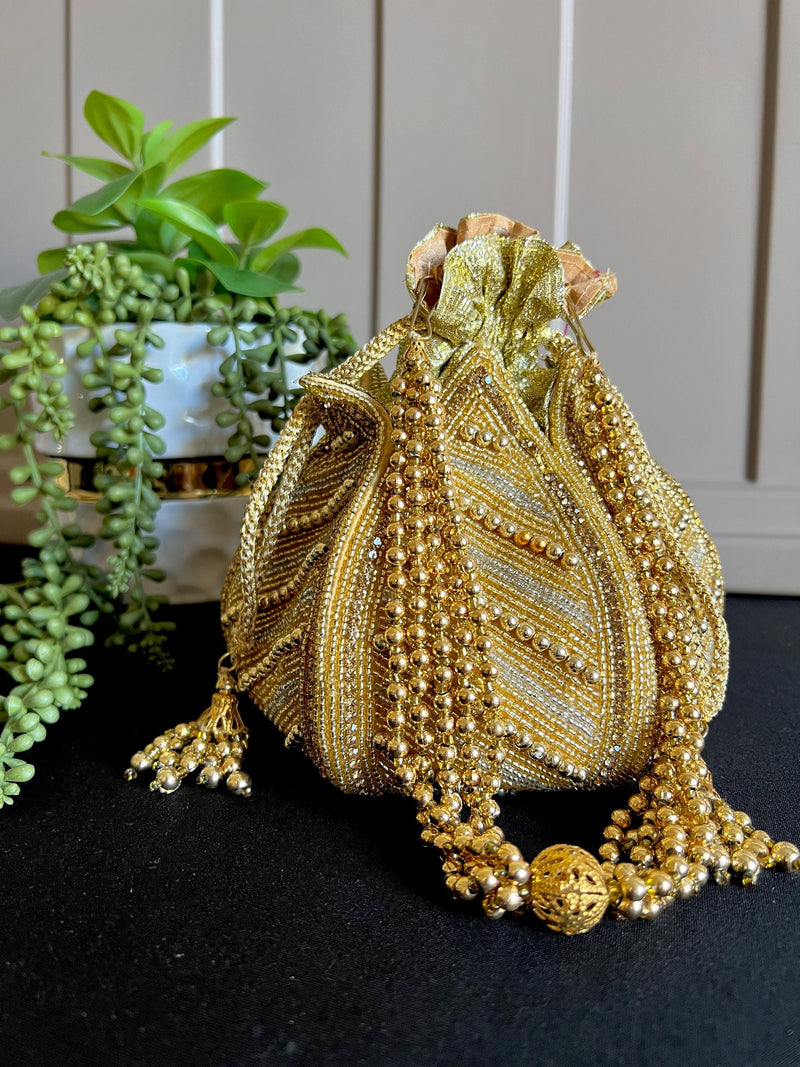 Gold Potli Bag | Gold and Sliver Beaded Studded Clutch | Party Clutch Sling | Wedding Purse in Gold | Handmade Embellished Lotus Potli Bag