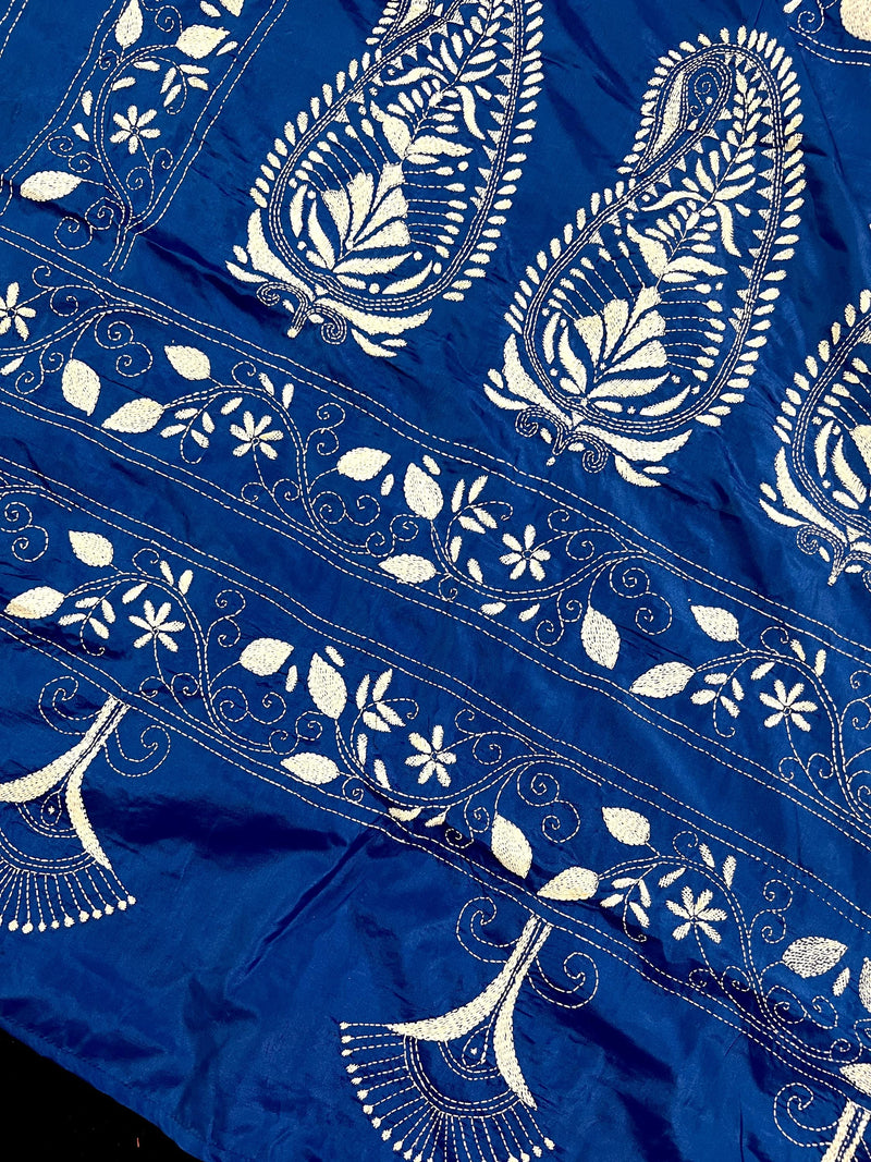 Royal Blue Color Bangalori Silk Saree with Hand Kantha Stitch | Handwoven Kantha Stitch Sarees | Kantha Saress | Silk Sarees