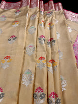 Statement Handmade Biscuit Color Banarasi Semi Katan Silk Saree with Meenakari and Muted Gold Zari Weave with Pink Border