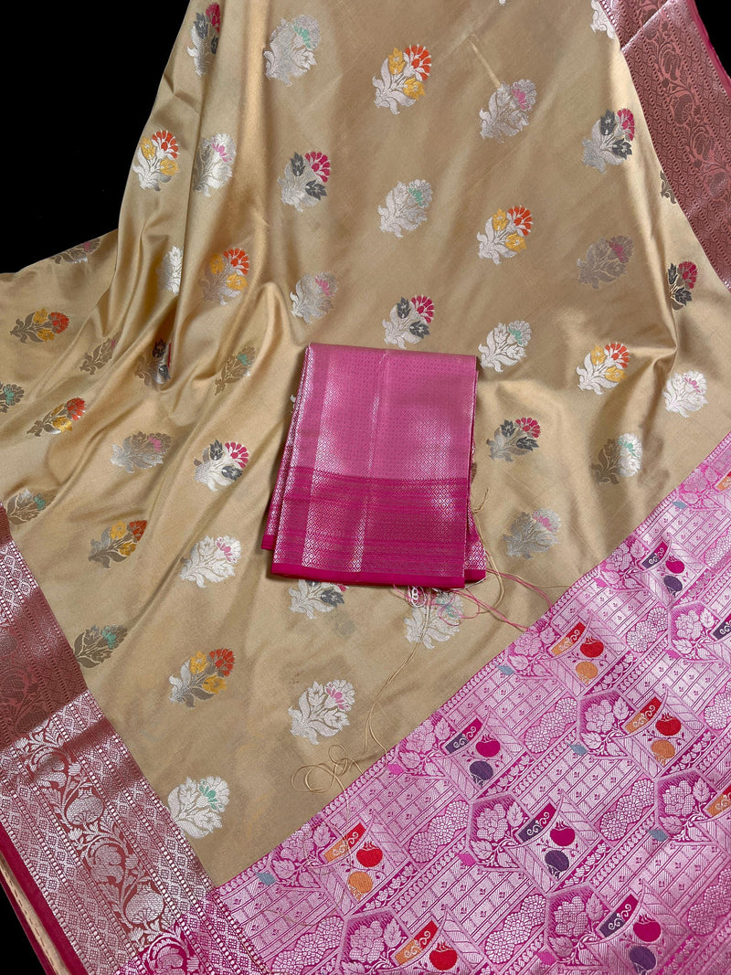 Statement Handmade Biscuit Color Banarasi Semi Katan Silk Saree with Meenakari and Muted Gold Zari Weave with Pink Border