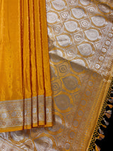 Semi Pure Turmeric Yellow Color Soft Mashru Silk handloom Tanchoi Saree with Gold Banarasi Border and Pallu - Banarasi Mashru Silk Saree