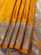 Semi Pure Turmeric Yellow Color Soft Mashru Silk handloom Tanchoi Saree with Gold Banarasi Border and Pallu - Banarasi Mashru Silk Saree