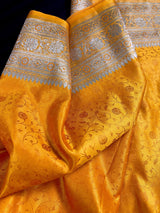 Semi Pure Turmeric Yellow Color Soft Mashru Silk handloom Tanchoi Saree with Gold Banarasi Border and Pallu - Banarasi Mashru Silk Saree