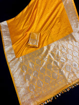 Semi Pure Turmeric Yellow Color Soft Mashru Silk handloom Tanchoi Saree with Gold Banarasi Border and Pallu - Banarasi Mashru Silk Saree