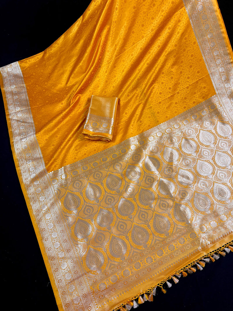 Semi Pure Turmeric Yellow Color Soft Mashru Silk handloom Tanchoi Saree with Gold Banarasi Border and Pallu - Banarasi Mashru Silk Saree