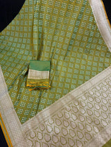 Statement Mehandi Green Saree with Dual Shade of Green in soft Banarasi Silk with Banarasi Border and Pallu with Kadhua Tanchoi Weave