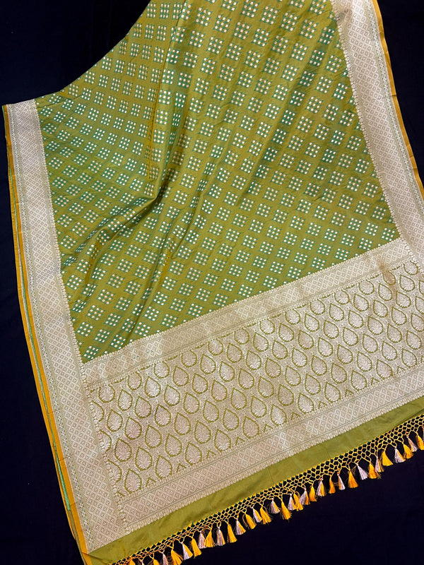 Statement Mehandi Green Saree with Dual Shade of Green in soft Banarasi Silk with Banarasi Border and Pallu with Kadhua Tanchoi Weave