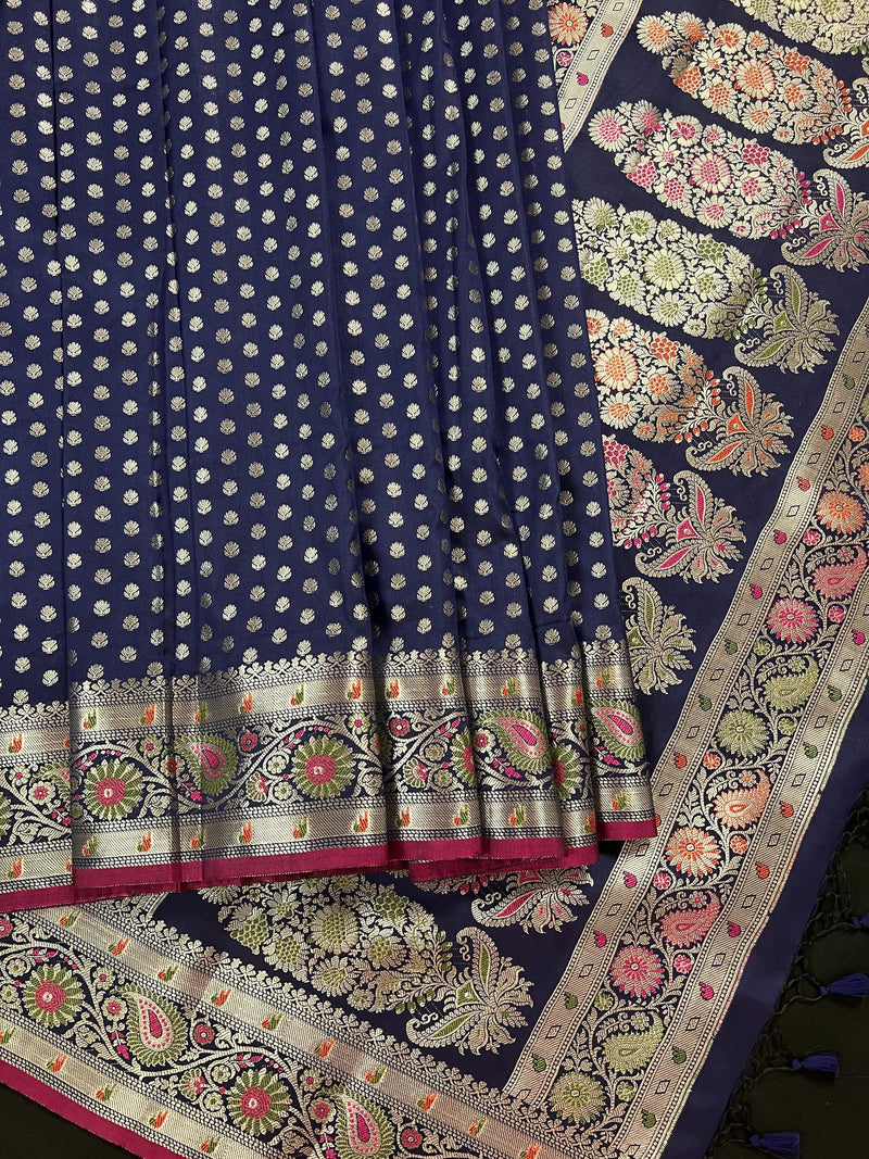 Blue Color Traditional Banarasi Handloom Saree in Soft Satin Silk with Meenakari and Sliver Zari Weave