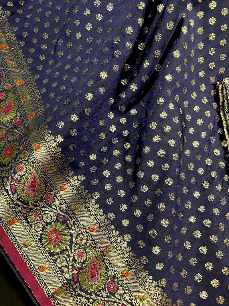 Blue Color Traditional Banarasi Handloom Saree in Soft Satin Silk with Meenakari and Sliver Zari Weave