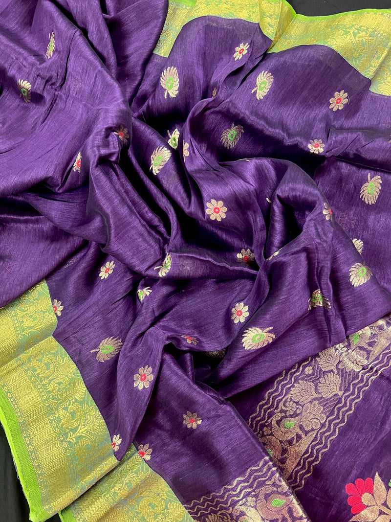 Handmade Eggplant Purple and Green Color Linen blend with Cotton Silk Handloom Saree with Zari Weave and Meenakari