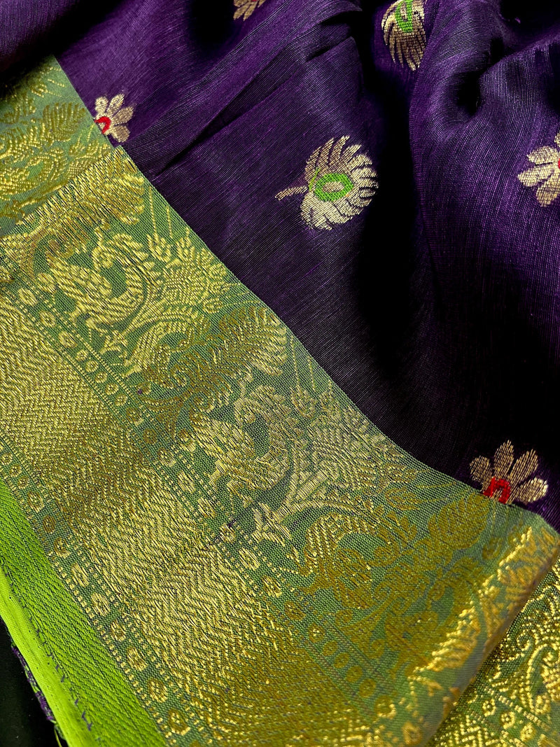 Handmade Eggplant Purple and Green Color Linen blend with Cotton Silk Handloom Saree with Zari Weave and Meenakari