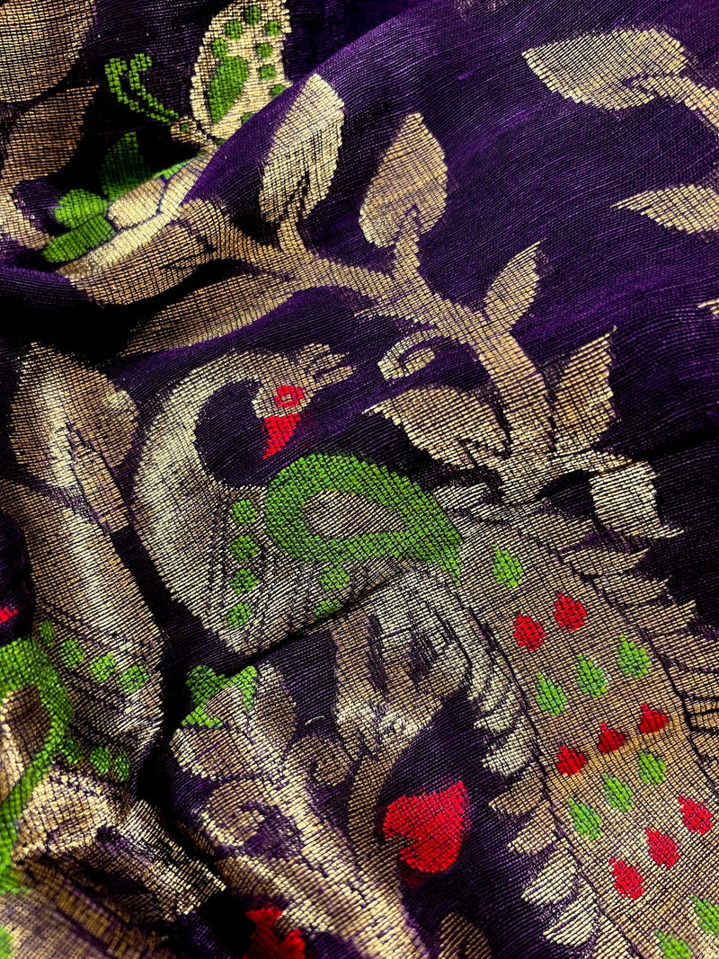 Handmade Eggplant Purple and Green Color Linen blend with Cotton Silk Handloom Saree with Zari Weave and Meenakari