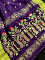 Handmade Eggplant Purple and Green Color Linen blend with Cotton Silk Handloom Saree with Zari Weave and Meenakari