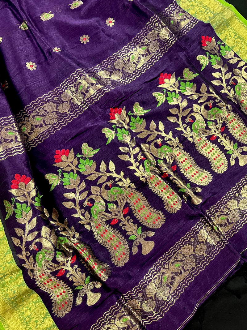 Handmade Eggplant Purple and Green Color Linen blend with Cotton Silk Handloom Saree with Zari Weave and Meenakari