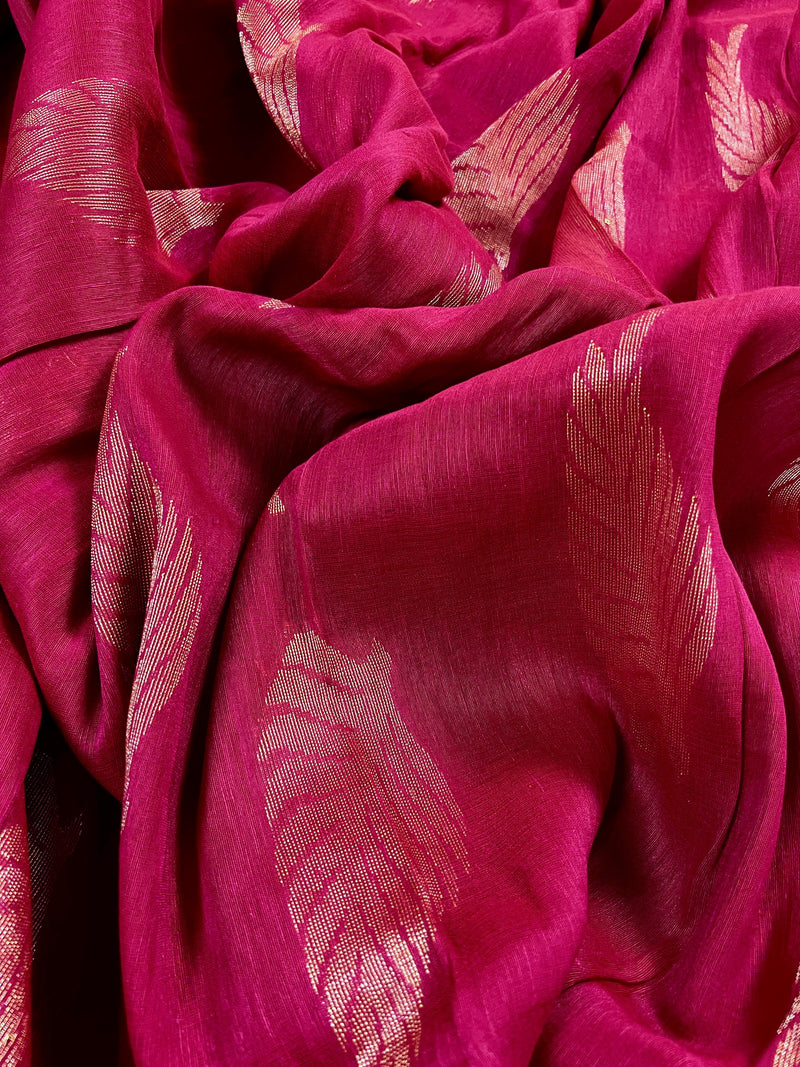 Handmade Rani Pink Color Linen blend with Cotton Silk Handloom Saree with Zari Weave