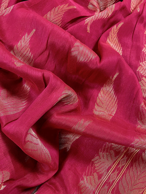 Handmade Rani Pink Color Linen blend with Cotton Silk Handloom Saree with Zari Weave