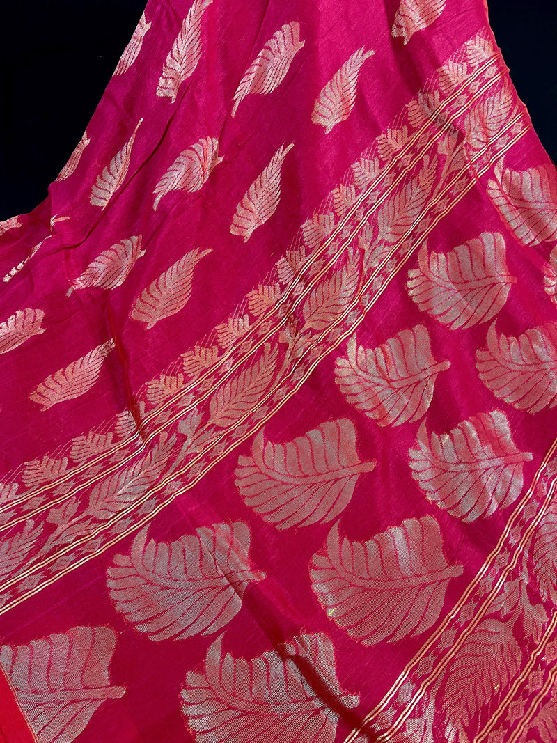 Handmade Rani Pink Color Linen blend with Cotton Silk Handloom Saree with Zari Weave