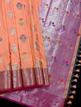 Statement Handmade Peach Color Banarasi Semi Katan Silk Saree with Meenakari and Muted Gold Zari Weave with Pink Border