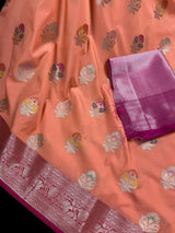 Statement Handmade Peach Color Banarasi Semi Katan Silk Saree with Meenakari and Muted Gold Zari Weave with Pink Border