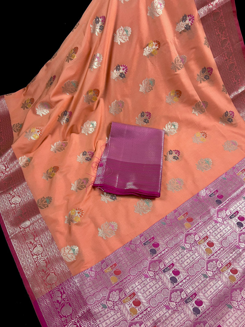 Statement Handmade Peach Color Banarasi Semi Katan Silk Saree with Meenakari and Muted Gold Zari Weave with Pink Border