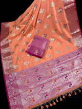 Statement Handmade Peach Color Banarasi Semi Katan Silk Saree with Meenakari and Muted Gold Zari Weave with Pink Border