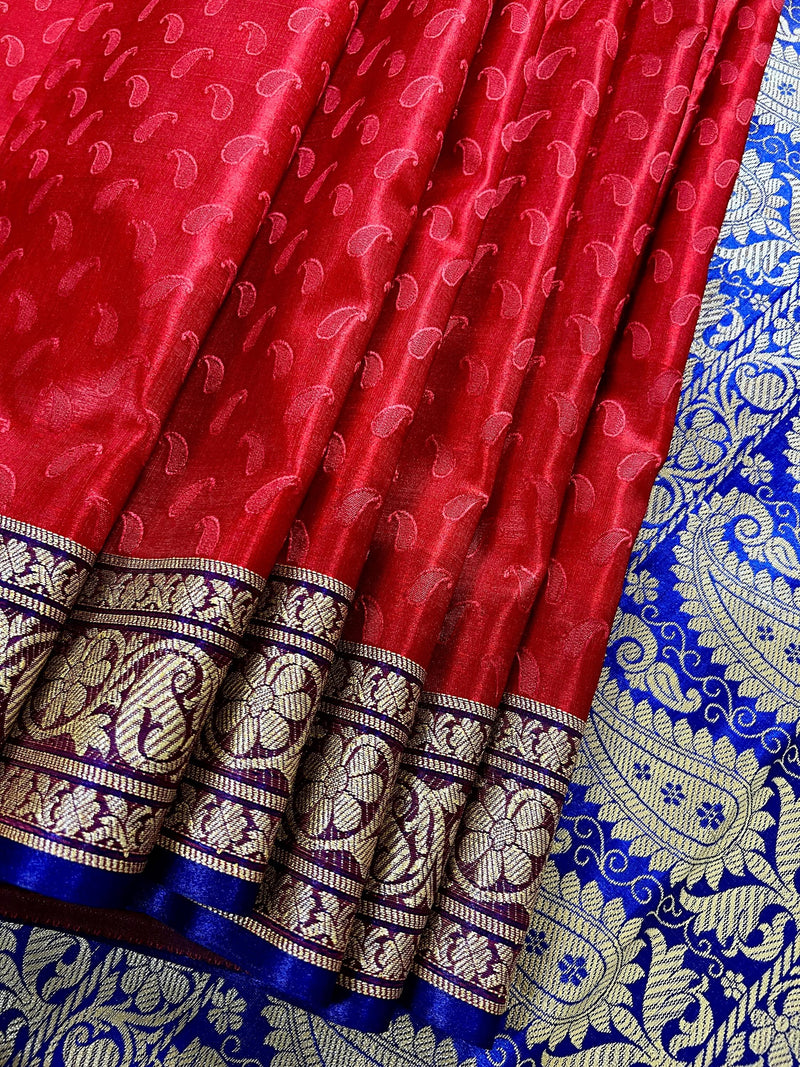 Red and Blue Banarasi Tanchoi Silk Saree with Ambi Buttis | Zari Weaving with Motifs | Banarasi Silk Sarees